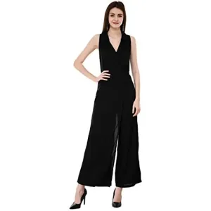 V&M Black Rayon Lapel Collar Wrap Sleeveless Designer Jumpsuit for Women (vm199)