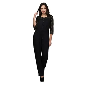 V&M Women's Black Rayon 3/4 Sleeve Comfortable Front Open Jumpsuit (VM83)