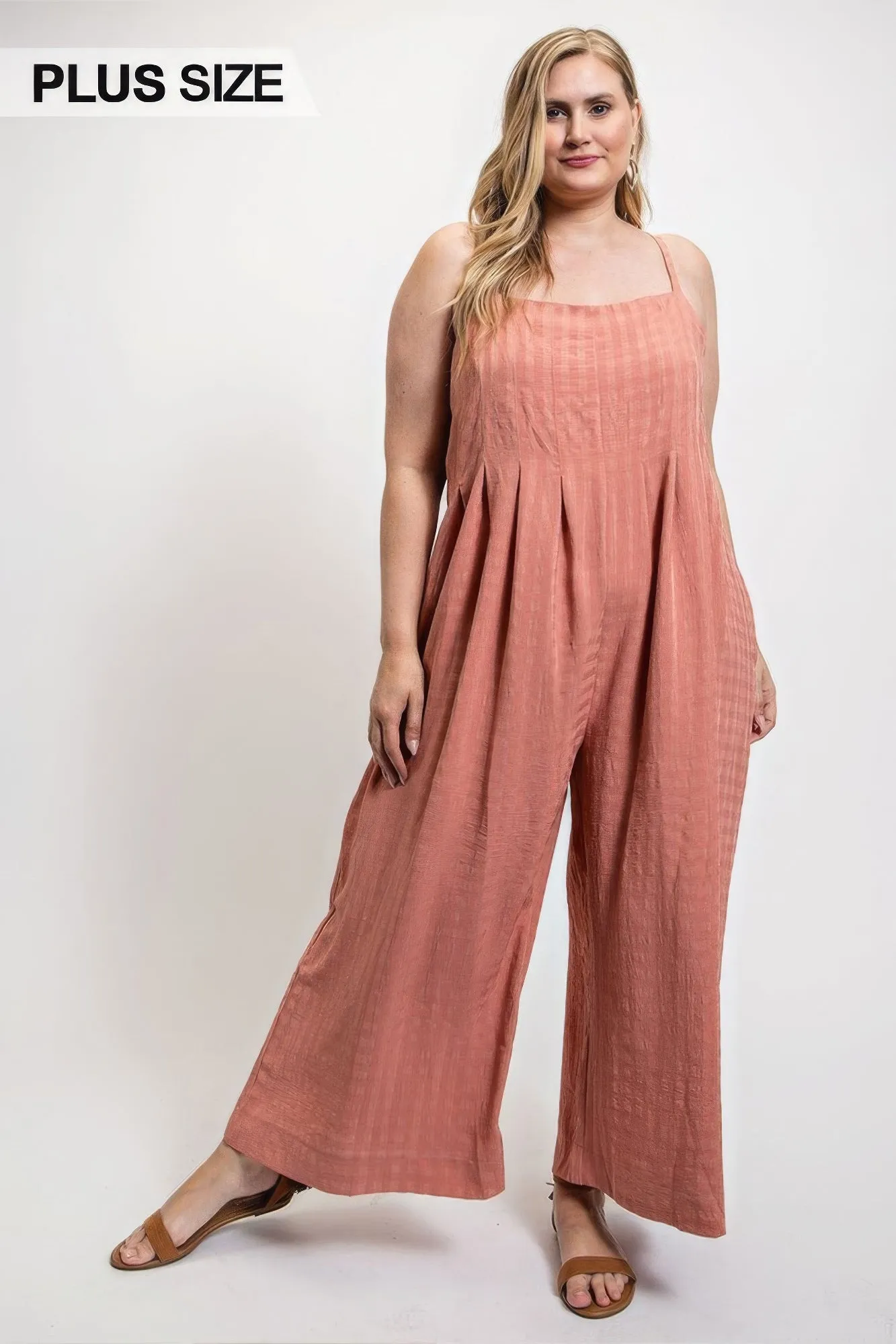 Voluptuous ( ) Texture Woven Sleeveless Plus Size Women's Jumpsuit With Side Button