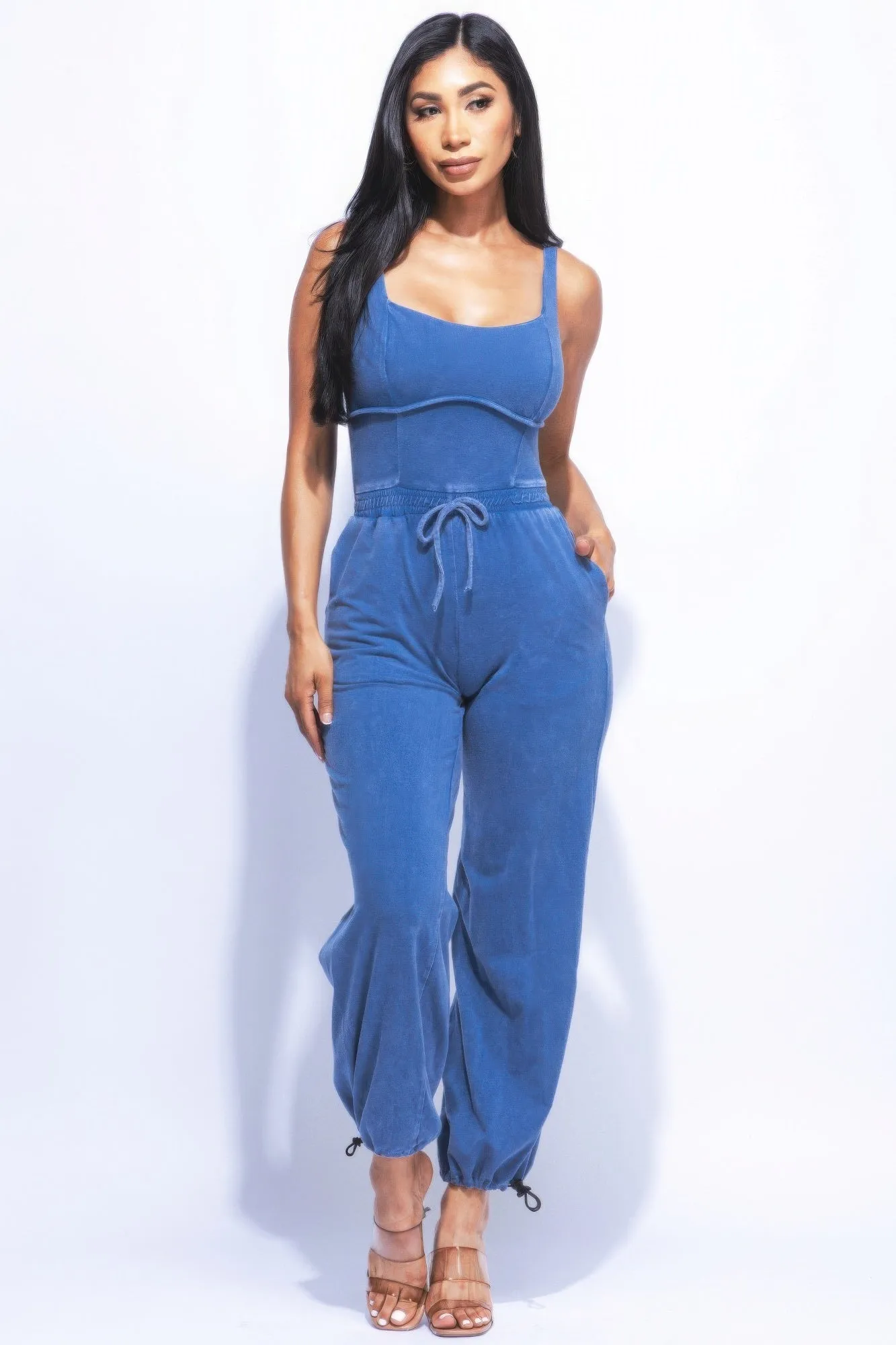 Washed Denim Jumpsuit With Adjustable Ankle