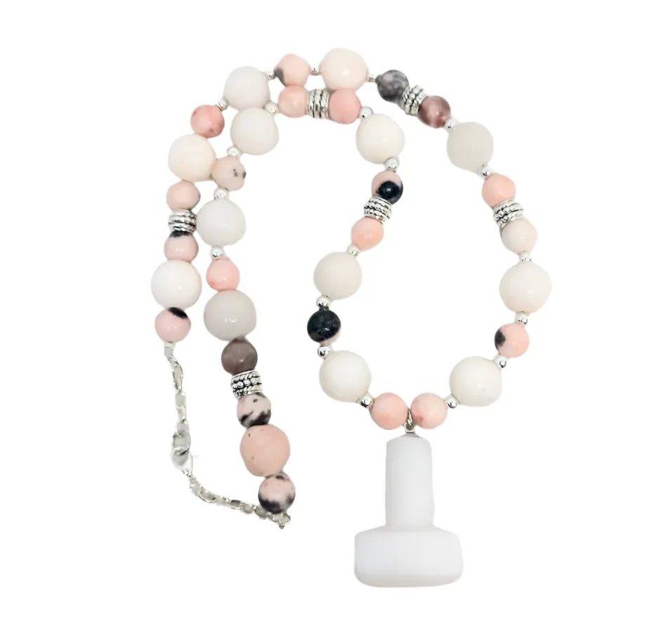 White Jade Crystal Mjölnir Necklace with Pink Zebra Jasper