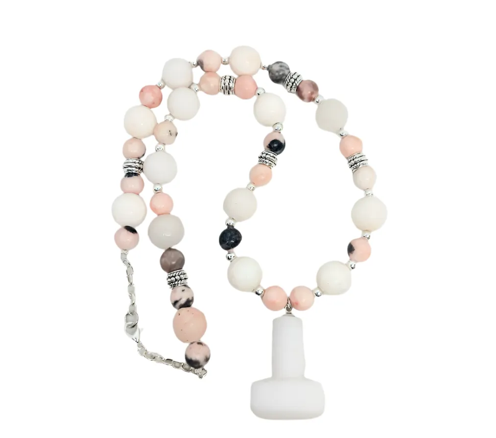 White Jade Crystal Mjölnir Necklace with Pink Zebra Jasper