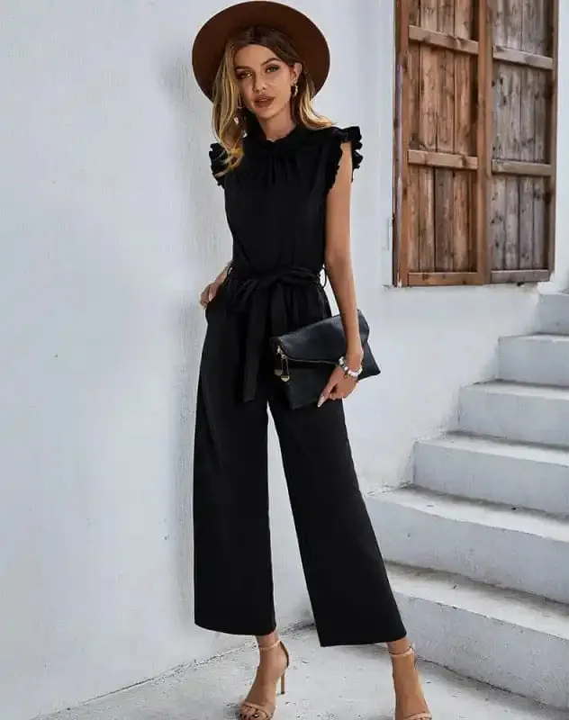 Women’s elegant casual belted sleeveless jumpsuit