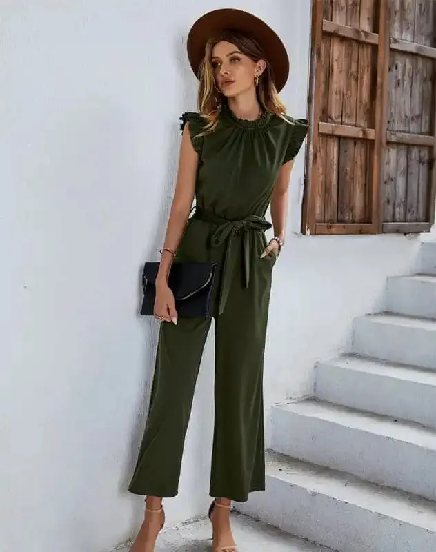 Women’s elegant casual belted sleeveless jumpsuit