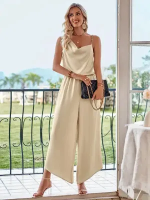 Women’s solid color suspender waist wide leg jumpsuit