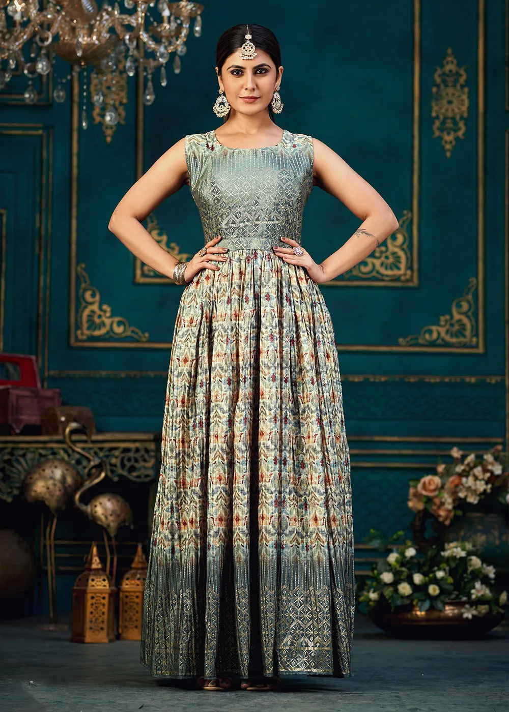 Zesty Multicolor Digital Foil Printed Ready to Wear Gown